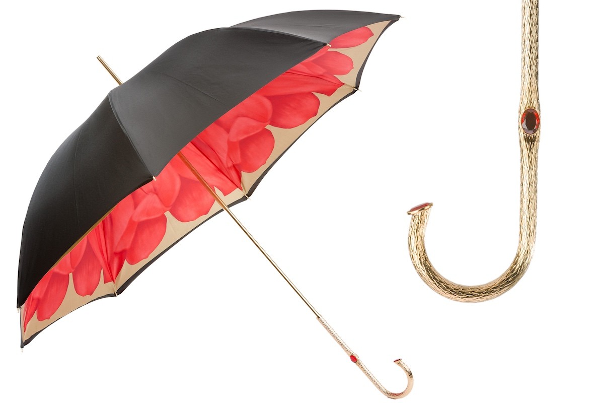 Casa Padrino Paraguas de lujo para mujer exterior negro con dalias rojas, tela doble, mango de latón, longitud 93cm, diámetro 102cm Casa Padrino Paraguas de lujo para mujer exterior negro con dalias rojas, tela doble, mango de latón, longitud 93cm, diámetro 102cm