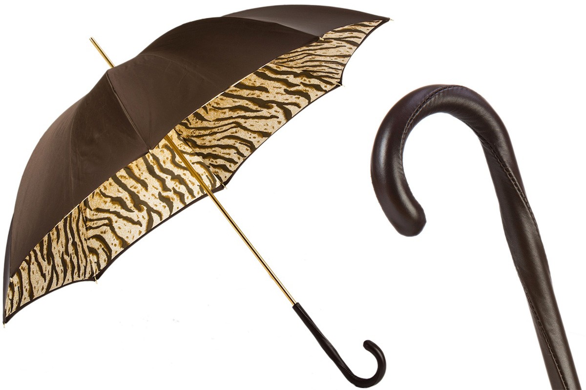 Casa Padrino Paraguas de lujo para mujer con estampado de tigre marrón, doble tejido, mango de cuero, longitud 93cm, diámetro 102cm Casa Padrino Paraguas de lujo para mujer con estampado de tigre marrón, doble tejido, mango de cuero, longitud 93cm, diámetro 102cm