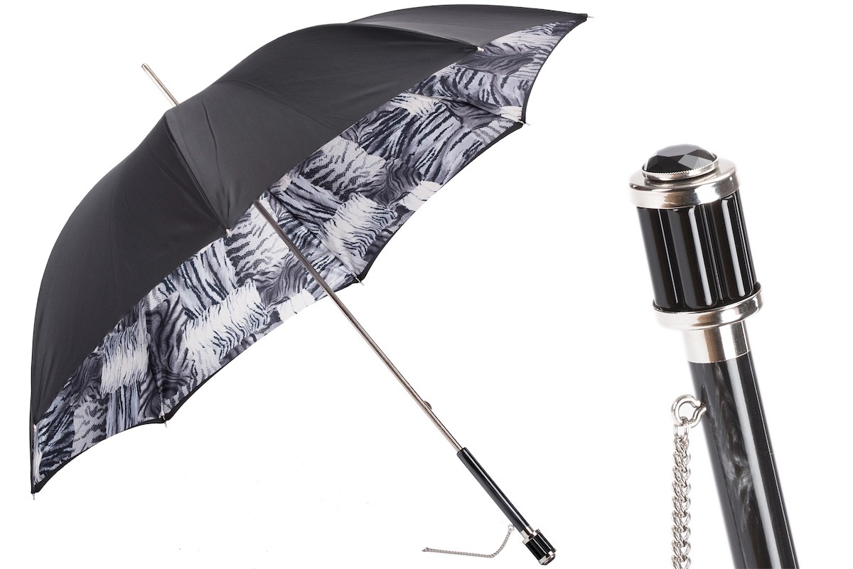 Casa Padrino Paraguas de lujo para mujer con estampado animal, doble tejido blanco y negro, longitud 93 cm, diámetro 102 cm Casa Padrino Paraguas de lujo para mujer con estampado animal, doble tejido blanco y negro, longitud 93 cm, diámetro 102 cm