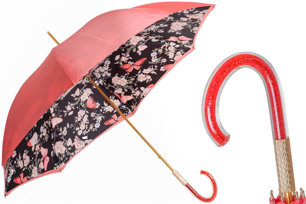 Casa Padrino Paraguas de lujo para mujer coral con interior de mariposas 93cm Casa Padrino Paraguas de lujo para mujer coral con interior de mariposas 93cm