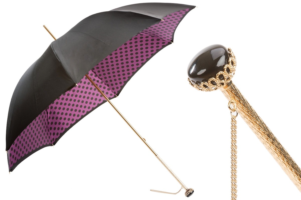 Casa Padrino Paraguas de lujo para mujer negro con lunares y mango de laton, longitud 93cm, diametro 102cm Casa Padrino Paraguas de lujo para mujer negro con lunares y mango de laton, longitud 93cm, diametro 102cm