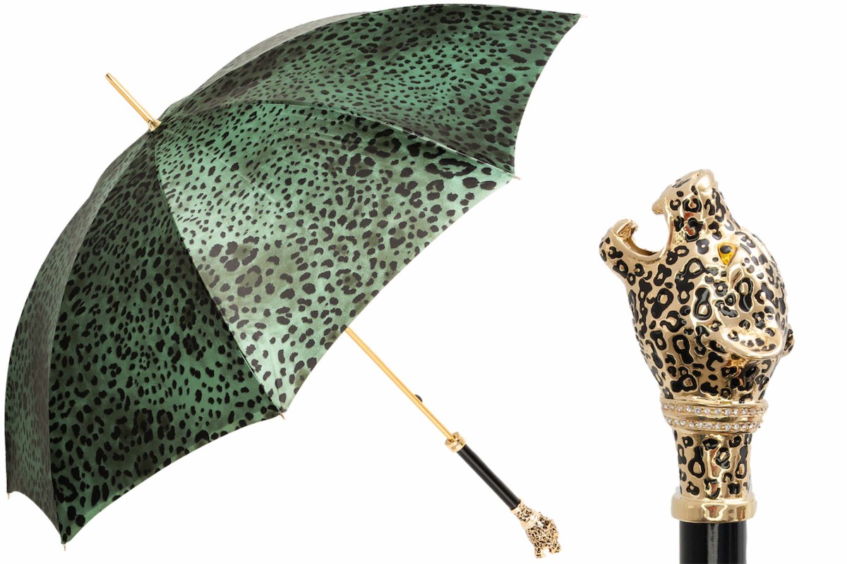Luxus Grün Leopardisiert Panther-Regenschirm für Damen - Manuelle Öffnung - 100% Polyester - Griff aus Emailliertem Messing - Handmade in Italy Luxus Grün Leopardisiert Panther-Regenschirm für Damen - Manuelle Öffnung - 100% Polyester - Griff aus Emailliertem Messing - Handmade in Italy