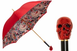 Casa Padrino Paraguas de lujo rojo con calavera para mujer - Apertura manual - 100% poliéster - Mango de resina - 93cm x 102cm