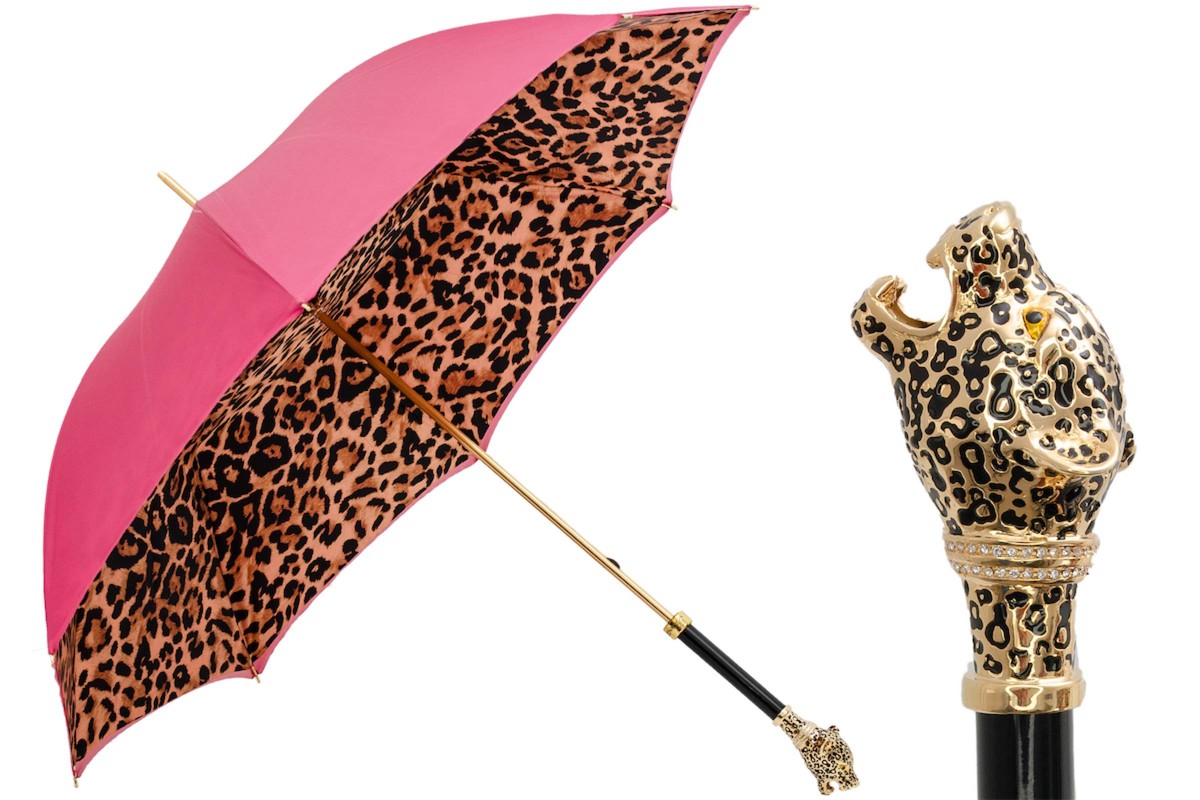 Casa Padrino Paraguas de lujo leopardo para mujer - Apertura manual - 100% Poliéster - Mango de latón esmaltado - Longitud: 93cm Casa Padrino Paraguas de lujo leopardo para mujer - Apertura manual - 100% Poliéster - Mango de latón esmaltado - Longitud: 93cm