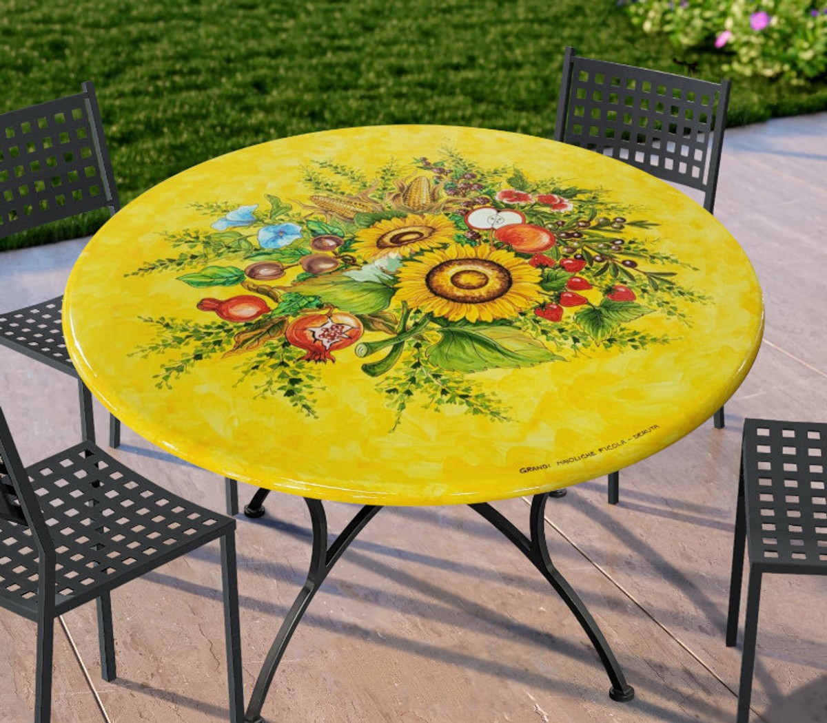 Casa Padrino Luxury Art Nouveau Garden Table Sunflowers Ø 100 cm - Round Dining Table in Hand-Painted Lava Stone - Restaurant Furniture - Made in Italy Casa Padrino Luxury Art Nouveau Garden Table Sunflowers Ø 100 cm - Round Dining Table in Hand-Painted Lava Stone - Restaurant Furniture - Made in Italy