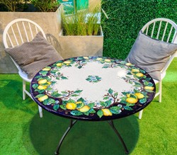 Casa Padrino Luxury Art Nouveau Garden Table Lemons Ø 100 cm - Round Dining Table in Hand-Painted Lava Stone - Restaurant Furniture - Made in Italy