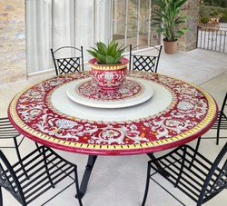 Casa Padrino Luxury Art Nouveau Garden Table Red Arabesque Ø 180 cm - Round Dining Table in Hand-Painted Lava Stone - Restaurant Furniture - Made in Italy Casa Padrino Luxury Art Nouveau Garden Table Red Arabesque Ø 180 cm - Round Dining Table in Hand-Painted Lava Stone - Restaurant Furniture - Made in Italy