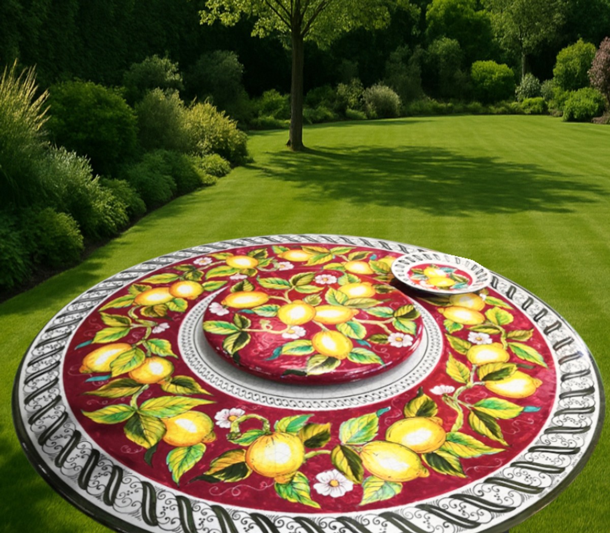 Casa Padrino Luxury Art Nouveau Garden Table Lemons on Red Ø 150 cm - Round Dining Table in Hand-Painted Lava Stone - Restaurant Furniture - Made in Italy Casa Padrino Luxury Art Nouveau Garden Table Lemons on Red Ø 150 cm - Round Dining Table in Hand-Painted Lava Stone - Restaurant Furniture - Made in Italy