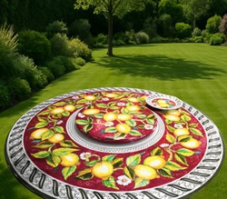 Casa Padrino Luxury Art Nouveau Garden Table Lemons on Red Ø 150 cm - Round Dining Table in Hand-Painted Lava Stone - Restaurant Furniture - Made in Italy Casa Padrino Luxury Art Nouveau Garden Table Lemons on Red Ø 150 cm - Round Dining Table in Hand-Painted Lava Stone - Restaurant Furniture - Made in Italy
