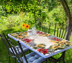 Casa Padrino Luxus Jugendstil Gartentisch Mohn und Sonnenblumen 160 × 80 cm - Rechteckiger Esstisch aus handbemaltem Lavastein - Gastronomie Möbel - Made in Italy