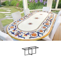 Casa Padrino Mesa de Jardín Art Nouveau de Lujo Cenefa ornamental 250 × 120 cm - Mesa de comedor ovalada en piedra volcánica pintada a mano - Muebles de restaurante - Made in Italy