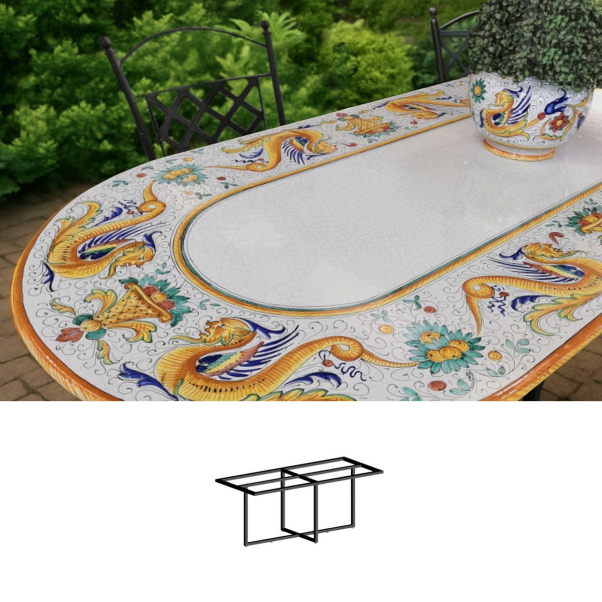 Casa Padrino Luxury Art Nouveau Garden Table Dragon Scrollwork 200 x 100 cm - Oval Dining Table in Hand-Painted Lava Stone - Restaurant Furniture - Made in Italy Casa Padrino Luxury Art Nouveau Garden Table Dragon Scrollwork 200 x 100 cm - Oval Dining Table in Hand-Painted Lava Stone - Restaurant Furniture - Made in Italy