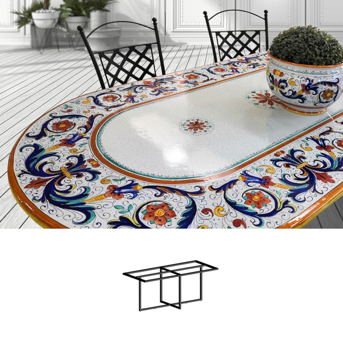 Casa Padrino Luxury Art Nouveau Garden Table Ornamental Border 200 x 100 cm - Oval Dining Table in Hand-Painted Lava Stone - Restaurant Furniture - Made in Italy Casa Padrino Luxury Art Nouveau Garden Table Ornamental Border 200 x 100 cm - Oval Dining Table in Hand-Painted Lava Stone - Restaurant Furniture - Made in Italy