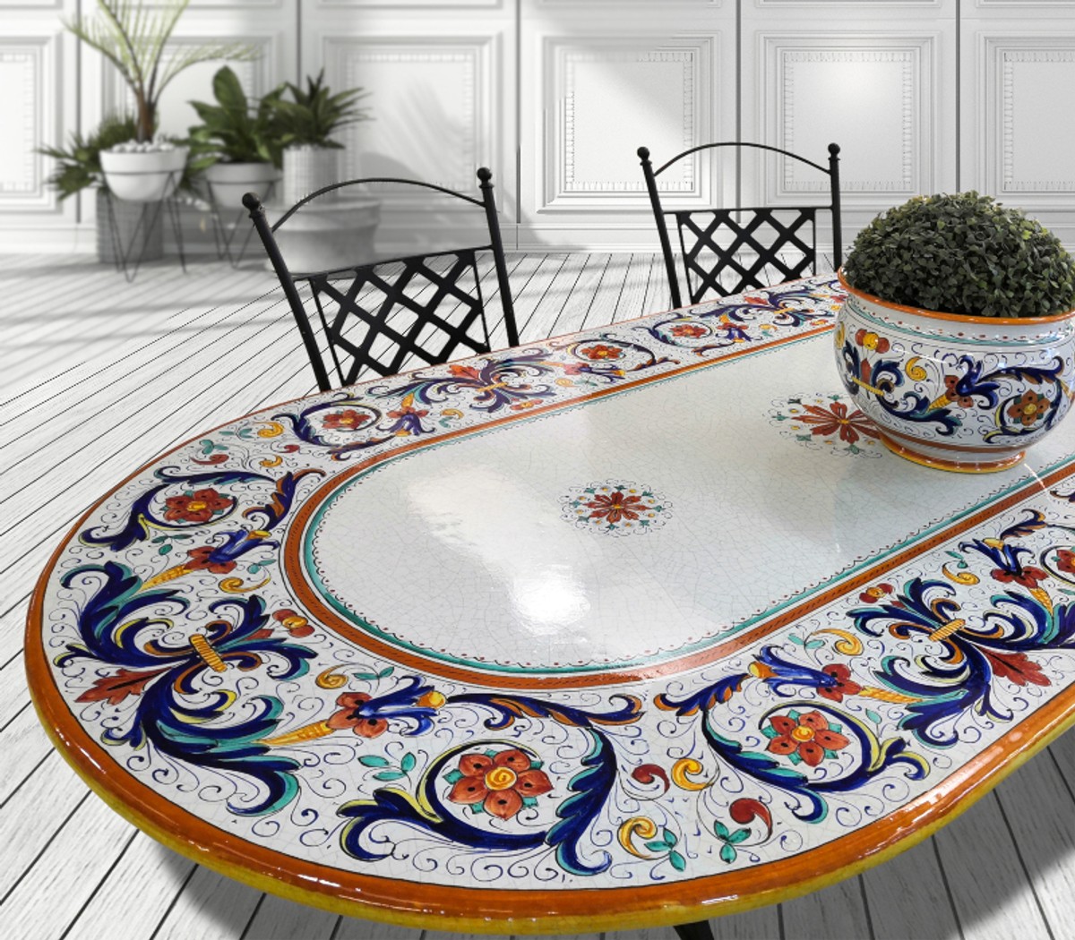 Casa Padrino Luxury Art Nouveau Garden Table Ornamental Border 200 x 100 cm - Oval Dining Table in Hand-Painted Lava Stone - Restaurant Furniture - Made in Italy Casa Padrino Luxury Art Nouveau Garden Table Ornamental Border 200 x 100 cm - Oval Dining Table in Hand-Painted Lava Stone - Restaurant Furniture - Made in Italy