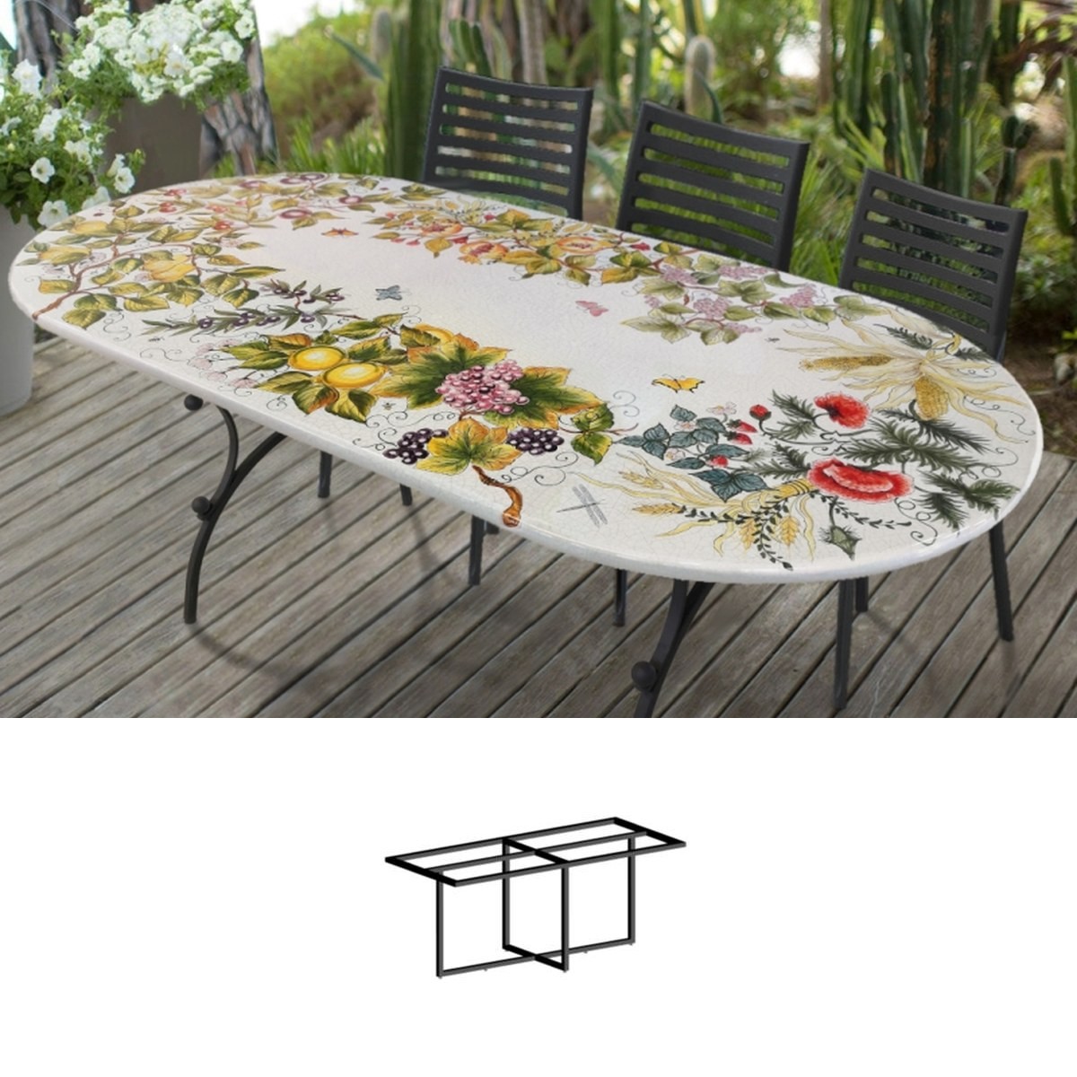 Casa Padrino Mesa de Jardín Art Nouveau de Lujo Corona de frutas 200 × 100 cm - Mesa de comedor ovalada en piedra volcánica pintada a mano - Muebles de restaurante - Made in Italy Casa Padrino Mesa de Jardín Art Nouveau de Lujo Corona de frutas 200 × 100 cm - Mesa de comedor ovalada en piedra volcánica pintada a mano - Muebles de restaurante - Made in Italy