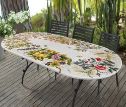 Casa Padrino Mesa de Jardín Art Nouveau de Lujo Corona de frutas 200 × 100 cm - Mesa de comedor ovalada en piedra volcánica pintada a mano - Muebles de restaurante - Made in Italy Casa Padrino Mesa de Jardín Art Nouveau de Lujo Corona de frutas 200 × 100 cm - Mesa de comedor ovalada en piedra volcánica pintada a mano - Muebles de restaurante - Made in Italy