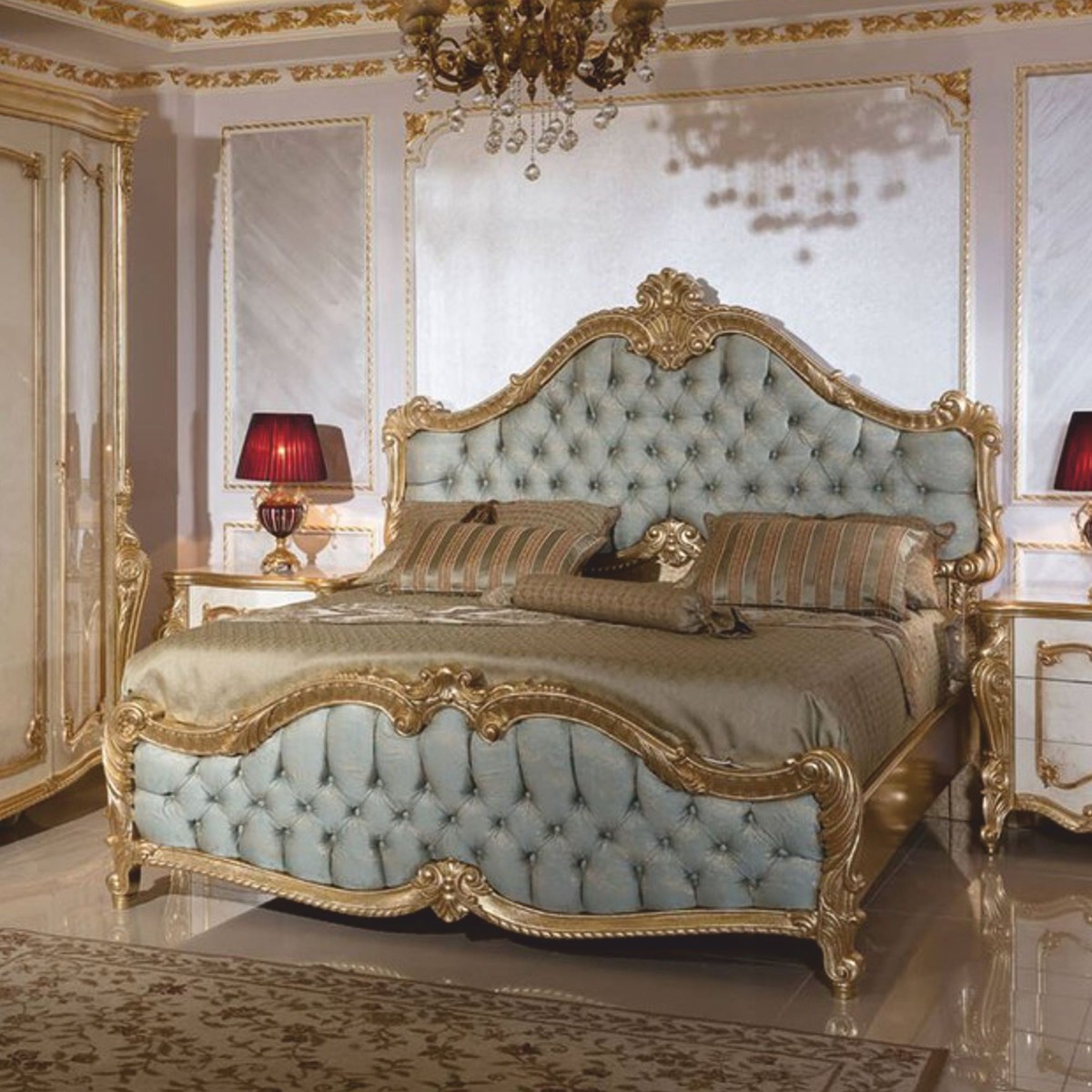 Casa Padrino Luxury Baroque Double Bed Light Blue / Gold 180 x 200 cm - Magnificent Baroque Style Bed - Baroque Bedroom & Hotel Furniture Casa Padrino Luxury Baroque Double Bed Light Blue / Gold 180 x 200 cm - Magnificent Baroque Style Bed - Baroque Bedroom & Hotel Furniture