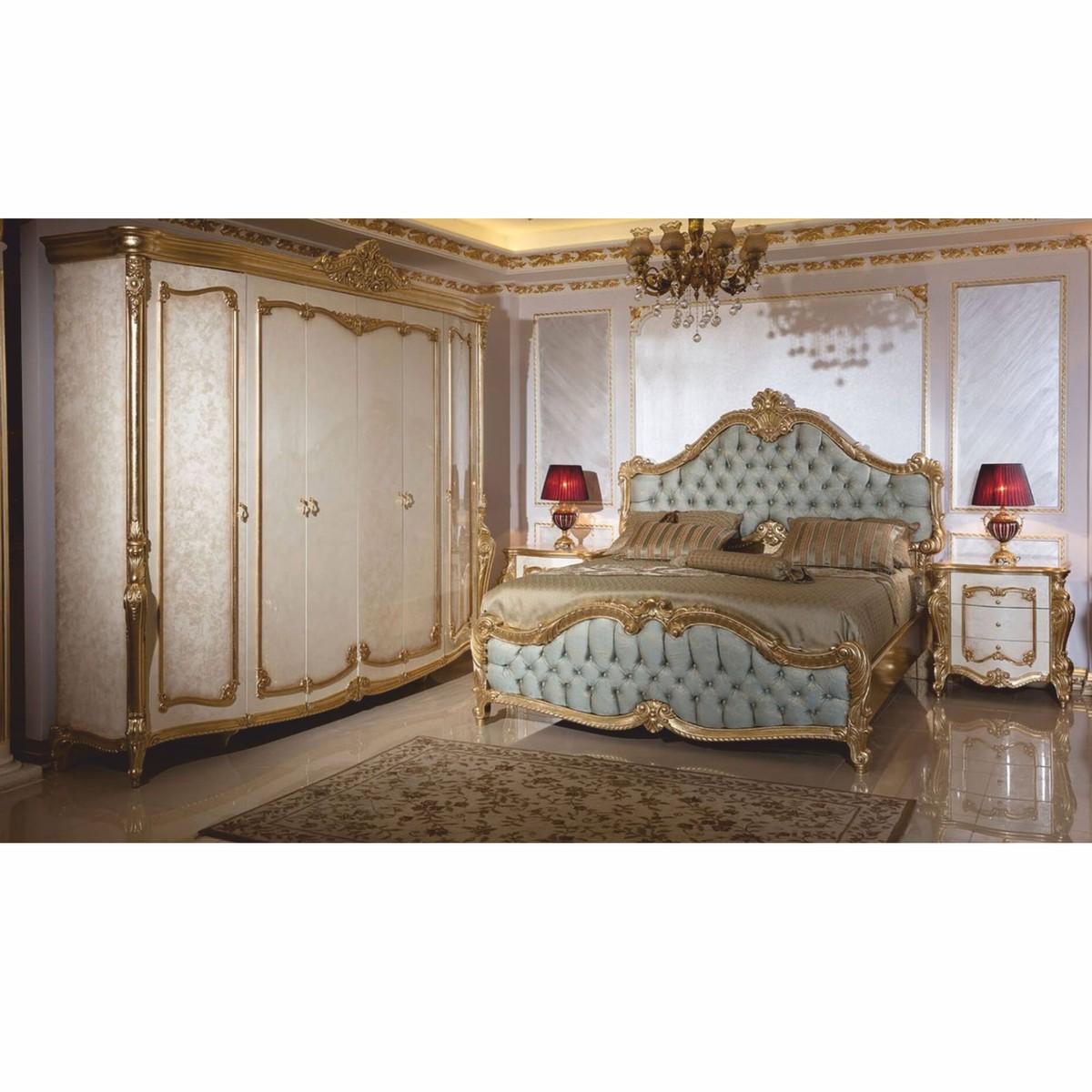 Casa Padrino Luxury Baroque Double Bed Light Blue / Gold 180 x 200 cm - Magnificent Baroque Style Bed - Baroque Bedroom & Hotel Furniture Casa Padrino Luxury Baroque Double Bed Light Blue / Gold 180 x 200 cm - Magnificent Baroque Style Bed - Baroque Bedroom & Hotel Furniture