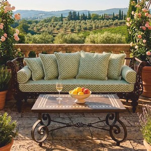 Casa Padrino Luxus Barock Sofa Braun / Grün / Weiß 300 cm - Schmiedeeisen Gartensofa - Barock Hotel & Garten Möbel