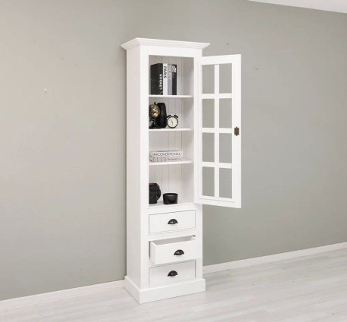 Casa Padrino Vitrina estilo rústico blanco con 1 puerta de cristal y 3 cajones, 66 x 40 x 210 cm Casa Padrino Vitrina estilo rústico blanco con 1 puerta de cristal y 3 cajones, 66 x 40 x 210 cm