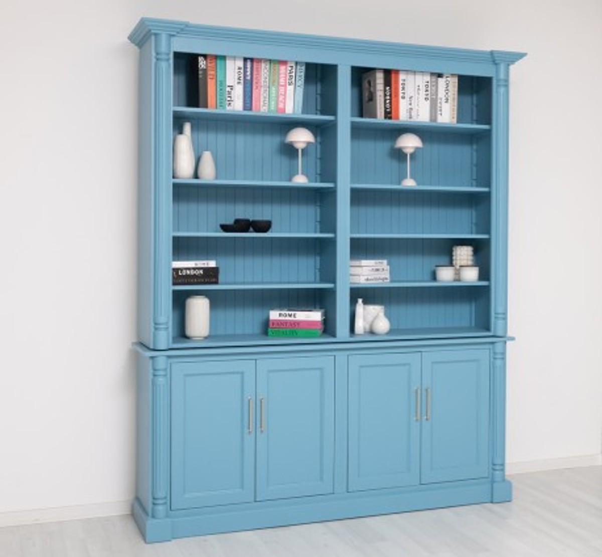 Casa Padrino Librería estilo rústico azul cielo con 4 puertas y alzada, 204 x 42 x 240 cm Casa Padrino Librería estilo rústico azul cielo con 4 puertas y alzada, 204 x 42 x 240 cm