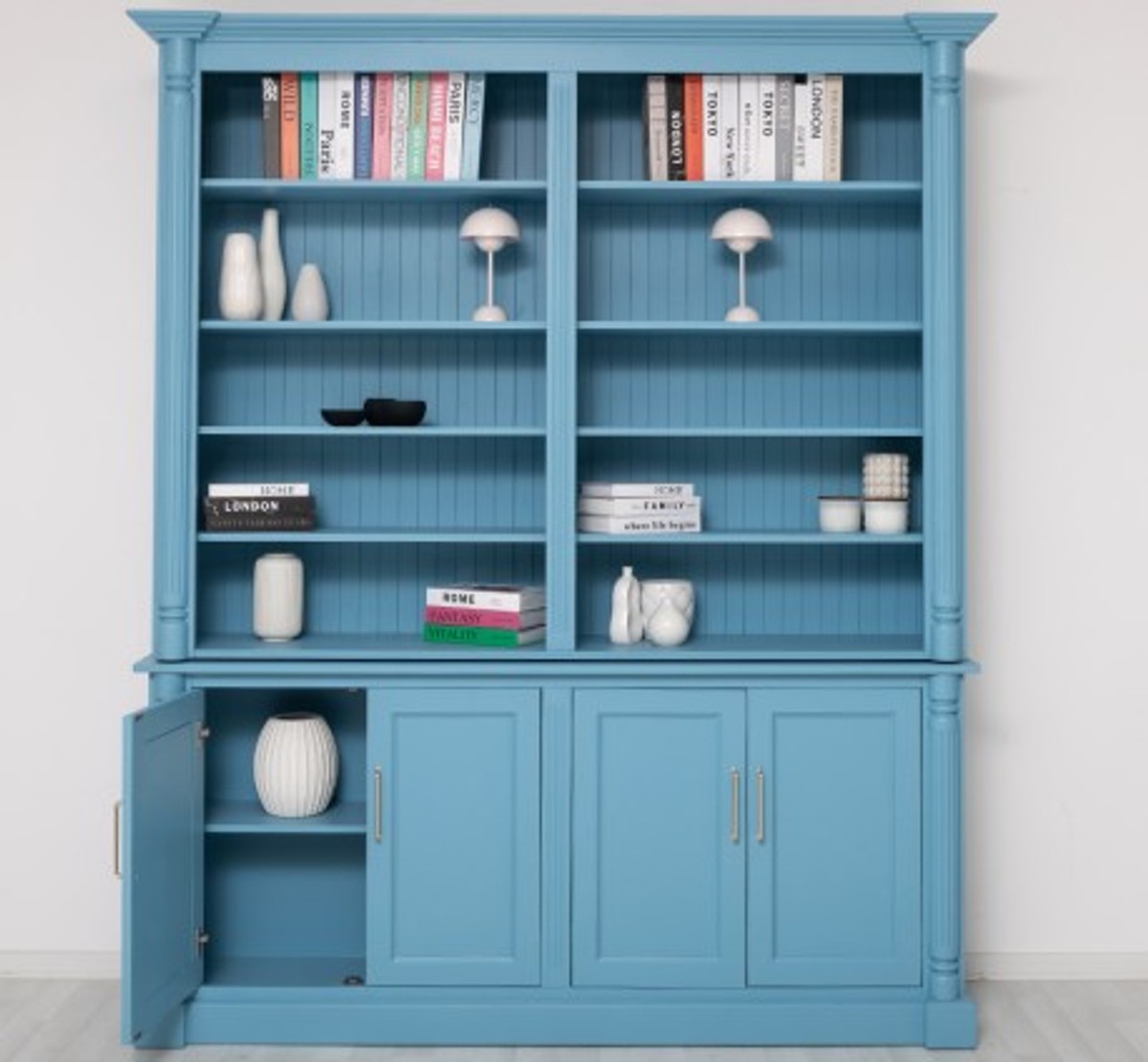 Casa Padrino Librería estilo rústico azul cielo con 4 puertas y alzada, 204 x 42 x 240 cm Casa Padrino Librería estilo rústico azul cielo con 4 puertas y alzada, 204 x 42 x 240 cm