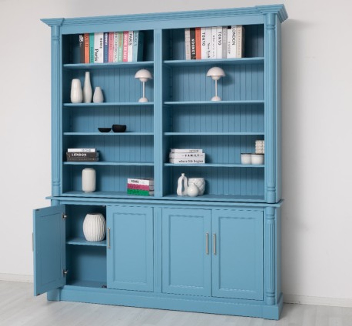 Casa Padrino Librería estilo rústico azul cielo con 4 puertas y alzada, 204 x 42 x 240 cm Casa Padrino Librería estilo rústico azul cielo con 4 puertas y alzada, 204 x 42 x 240 cm