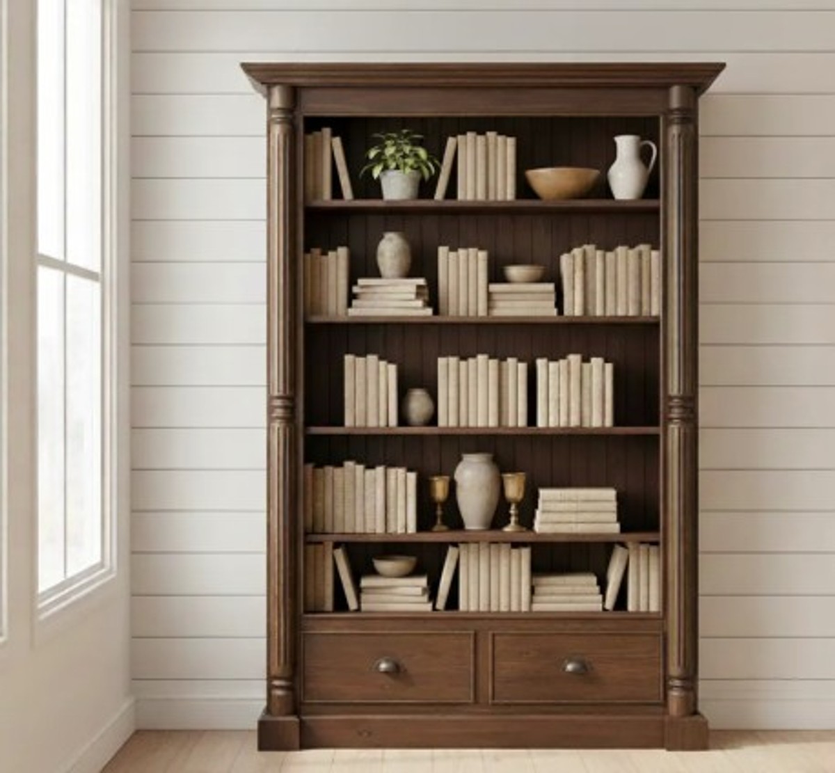 Casa Padrino Bücherregal im Landhausstil mit 2 Schubladen, 140 x 38 x 200 cm Casa Padrino Bücherregal im Landhausstil mit 2 Schubladen, 140 x 38 x 200 cm