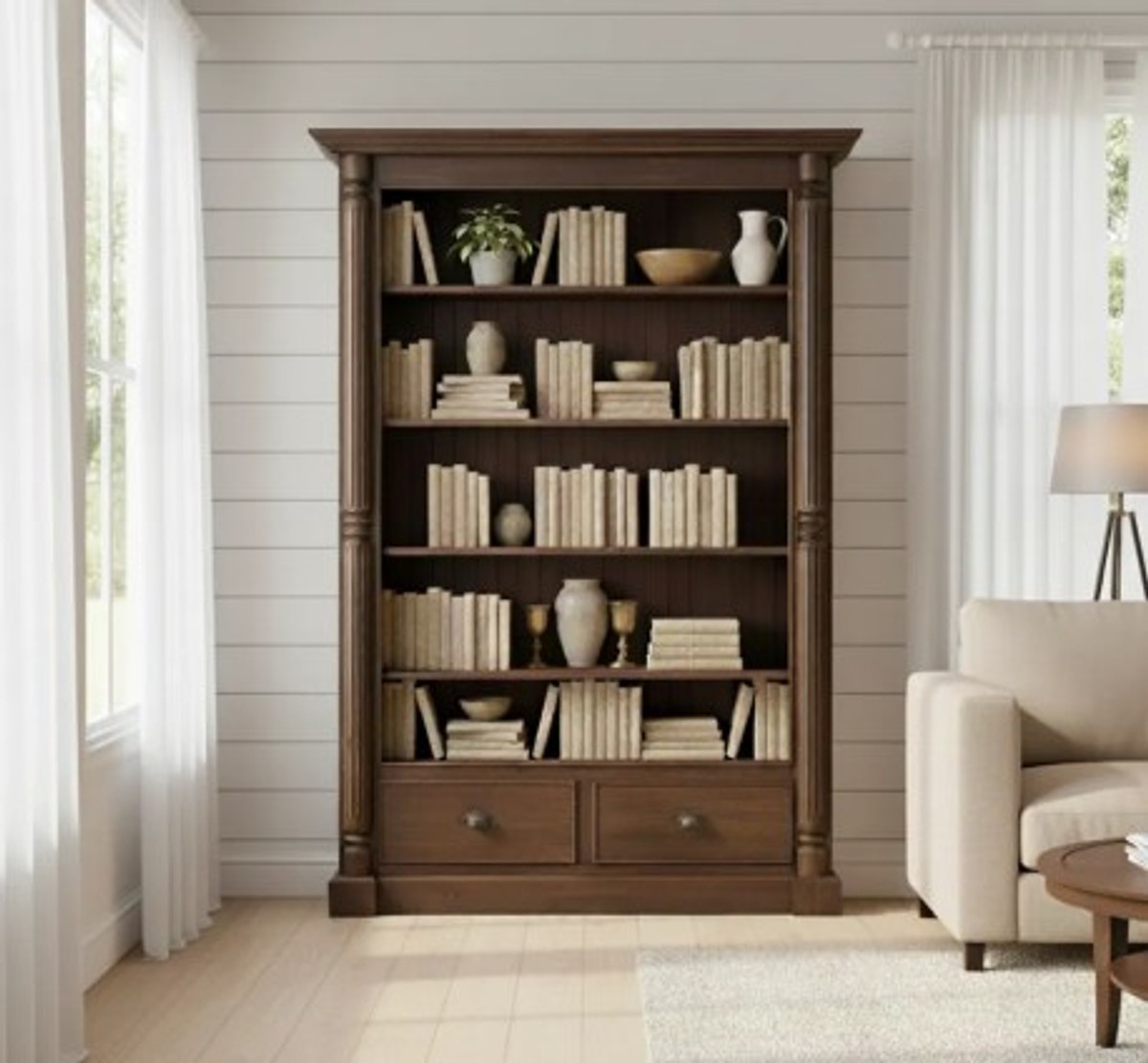 Casa Padrino Bücherregal im Landhausstil mit 2 Schubladen, 140 x 38 x 200 cm Casa Padrino Bücherregal im Landhausstil mit 2 Schubladen, 140 x 38 x 200 cm