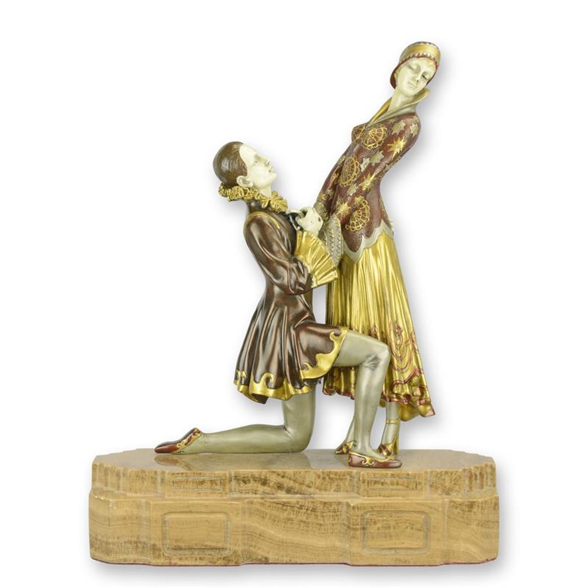 Casa Padrino Luxus Art Deco Bronzefigur Liebespaar Everlasting Love Gold / Rot / Elfenbein 12,2 x 31,5 x H. 39,5 cm - Kalt bemalte Bronze Skulptur mit Marmorsockel Casa Padrino Luxus Art Deco Bronzefigur Liebespaar Everlasting Love Gold / Rot / Elfenbein 12,2 x 31,5 x H. 39,5 cm - Kalt bemalte Bronze Skulptur mit Marmorsockel