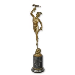 Casa Padrino Scultura in Bronzo di Lusso Mercurio con Aeroplano Bronzo / Nero 15,1 x 24,5 x H. 71,8 cm - Scultura in Bronzo con Base in Marmo - Figura Decorativa Mercurio - Decorazione Aviazione