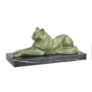 Casa Padrino Luxus Bronzefigur Liegende Raubkatze Grün / Schwarz 14,2 x 35,2 x H. 15,8 cm - Bronze Skulptur mit Marmorsockel - Panther Deko Figur - Tier Skulptur