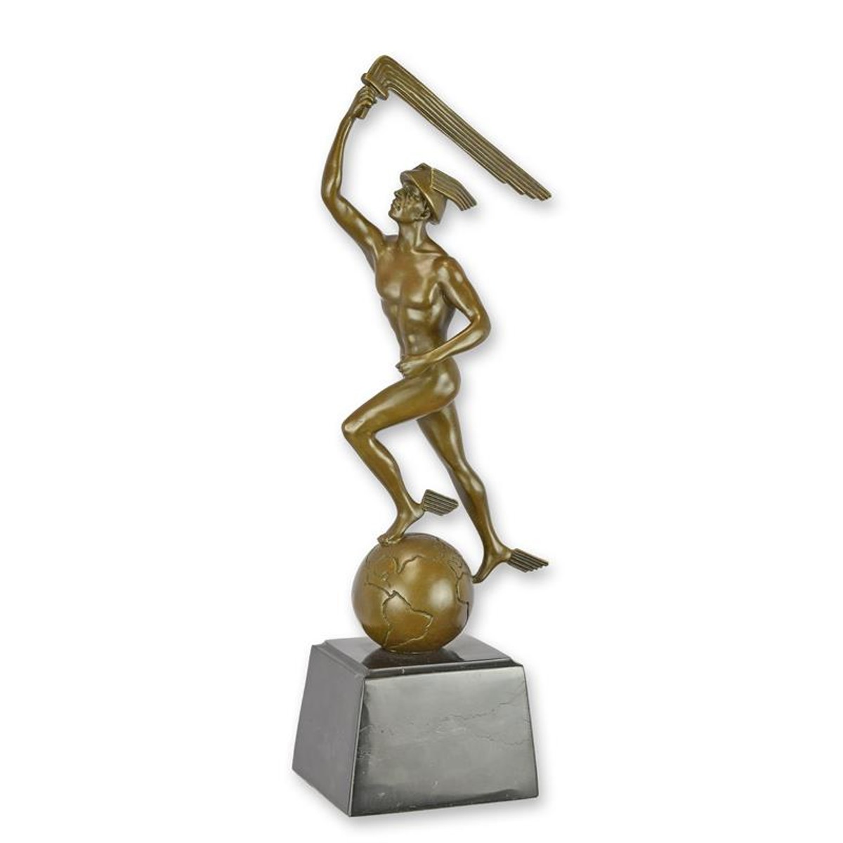 Casa Padrino Luxus Art Deco Bronzefigur Merkur auf der Weltkugel Bronze / Schwarz 8,4 x 13,4 x H. 36,7 cm - Bronze Skulptur mit Marmorsockel - Merkur Deko Figur - Büro Deko Casa Padrino Luxus Art Deco Bronzefigur Merkur auf der Weltkugel Bronze / Schwarz 8,4 x 13,4 x H. 36,7 cm - Bronze Skulptur mit Marmorsockel - Merkur Deko Figur - Büro Deko