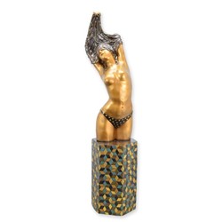 Casa Padrino Sculpture en Bronze de Luxe Nu Féminin sur Colonne en Mosaïque Vert / Or / Bronze 48 x H. 193 cm - Figurine en Bronze Grandeur Nature - Grande Figurine Décorative