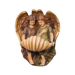 Casa Padrino Pila de Agua Bendita de Terracota de Lujo Dos Ángeles con Concha Marrón / Oro / Verde 33,7 x 42,8 cm - Objeto de Pared - Decoración Sacra