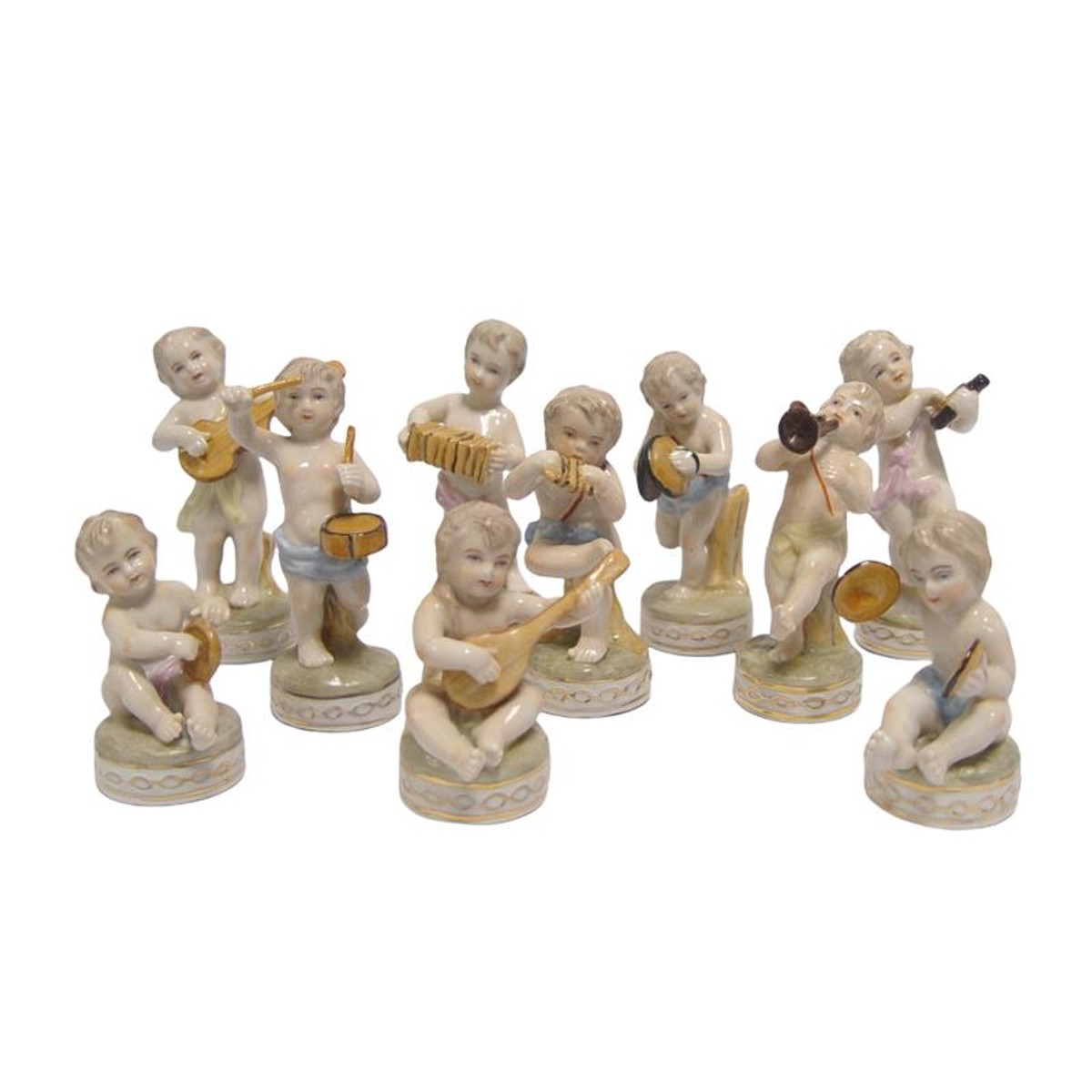 Casa Padrino Luxus Porzellan Figuren Set 10 Musizierende Putten Weiß / Bunt / Gold 7 x H. 11 cm - Porzellanfiguren Kapelle - Barock Deko Casa Padrino Luxus Porzellan Figuren Set 10 Musizierende Putten Weiß / Bunt / Gold 7 x H. 11 cm - Porzellanfiguren Kapelle - Barock Deko