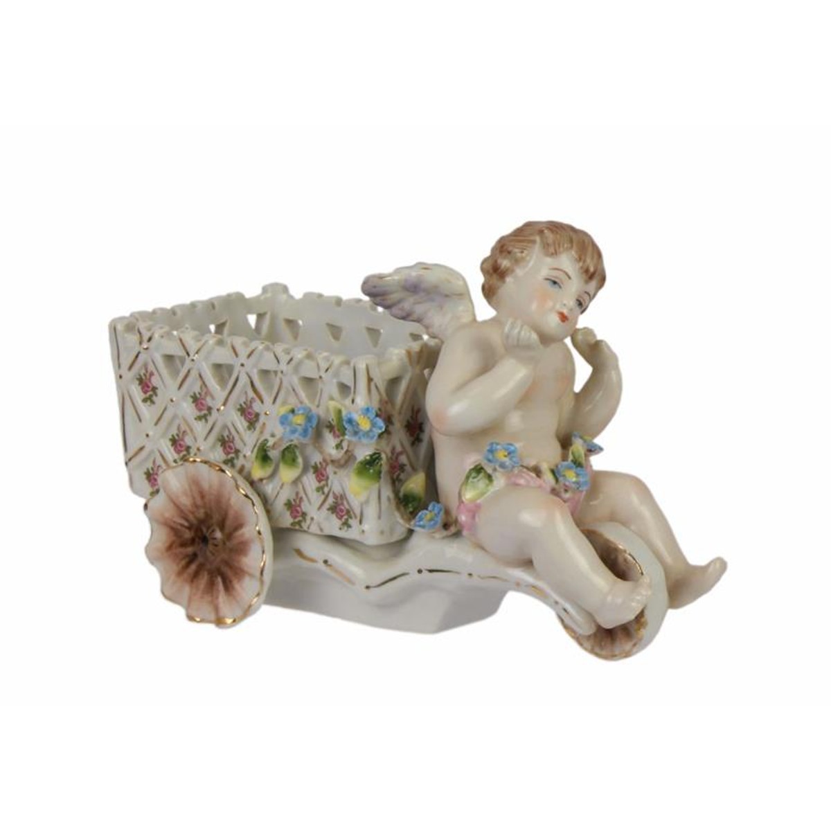 Casa Padrino Putto con Carrito Florido de Porcelana de Lujo Blanco / Rosa / Oro 8,8 x 16,6 x H. 10,8 cm - Figura de Ángel - Decoración de Mesa Barroca Casa Padrino Putto con Carrito Florido de Porcelana de Lujo Blanco / Rosa / Oro 8,8 x 16,6 x H. 10,8 cm - Figura de Ángel - Decoración de Mesa Barroca