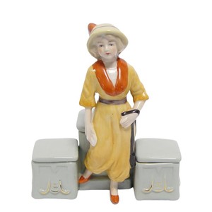 Casa Padrino Mostacera Doble de Porcelana de Lujo Dama de Vestido Amarillo Amarillo / Gris / Naranja 13,5 x 8 x H. 15,5 cm - Decoración de Mesa Art Déco - Especiero Casa Padrino Mostacera Doble de Porcelana de Lujo Dama de Vestido Amarillo Amarillo / Gris / Naranja 13,5 x 8 x H. 15,5 cm - Decoración de Mesa Art Déco - Especiero