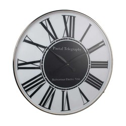 Runde Wanduhr Weiss Schwarz mit roemischen Ziffern und Chromrahmen 61 cm