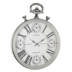 Weltzeituhr Wanduhr Silber im Taschenuhr Design mit fuenf Zifferblaettern 52 cm