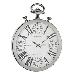 Weltzeituhr Wanduhr Silber im Taschenuhr Design mit fuenf Zifferblaettern 52 cm