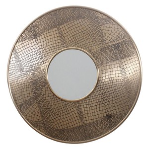 Runder Wandspiegel Gold mit Krokodilleder Praegung und kleiner Spiegelmitte 66 cm