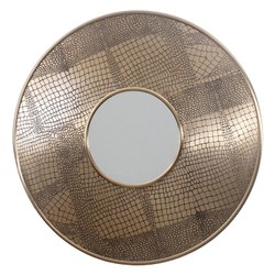 Runder Wandspiegel Gold mit Krokodilleder Praegung und kleiner Spiegelmitte 66 cm