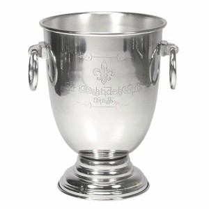 Sektkuehler Silber auf Fuss mit zwei Ringgriffen und Lilien Gravur 33 cm