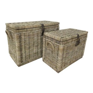 Truhen Set aus grauem Rattan mit Deckel und Lederriemen zwei Groessen 82 cm