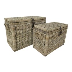 Casa Padrino Juego de Baúles de Lujo Natural / Gris - 2 Baúles de Ratán con Tapa y Correa