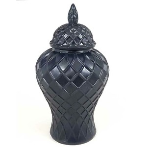 Grosse Deckelvase Schwarz matt mit Rautenrelief und Zapfenknauf 52 cm