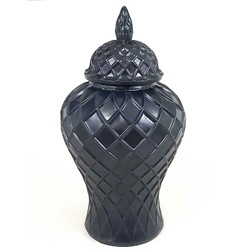 Casa Padrino Jarrón Decorativo de Lujo Negro Ø 28 x H. 52 cm - Gran Jarrón con Tapa y Relieve de Rombos Casa Padrino Jarrón Decorativo de Lujo Negro Ø 28 x H. 52 cm - Gran Jarrón con Tapa y Relieve de Rombos
