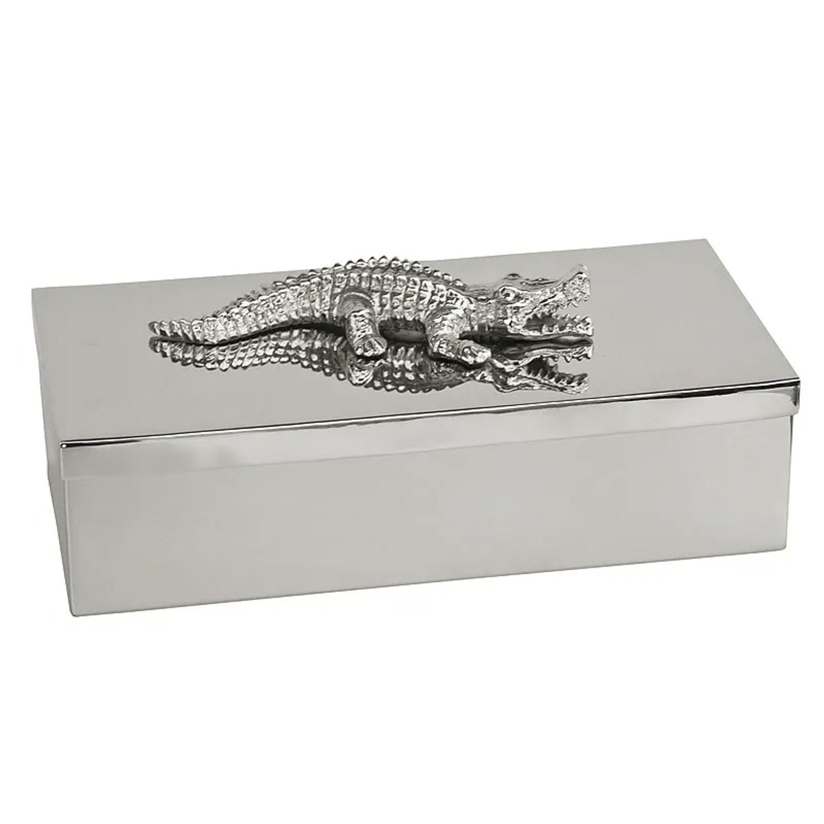 Casa Padrino Boîte Décorative de Luxe Argent 30 x 15 x H. 9 cm - Coffret avec Crocodile sur le Couvercle Casa Padrino Boîte Décorative de Luxe Argent 30 x 15 x H. 9 cm - Coffret avec Crocodile sur le Couvercle