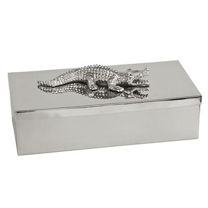 Rechteckige Deko Dose Silber mit Krokodil Figur auf dem Deckel 30 cm